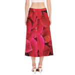 Red Leaf Print Side Slit Midi Skirt