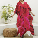 Red Leaf Print Silk V-Neck Kaftan Dress