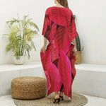 Red Leaf Print Silk V-Neck Kaftan Dress