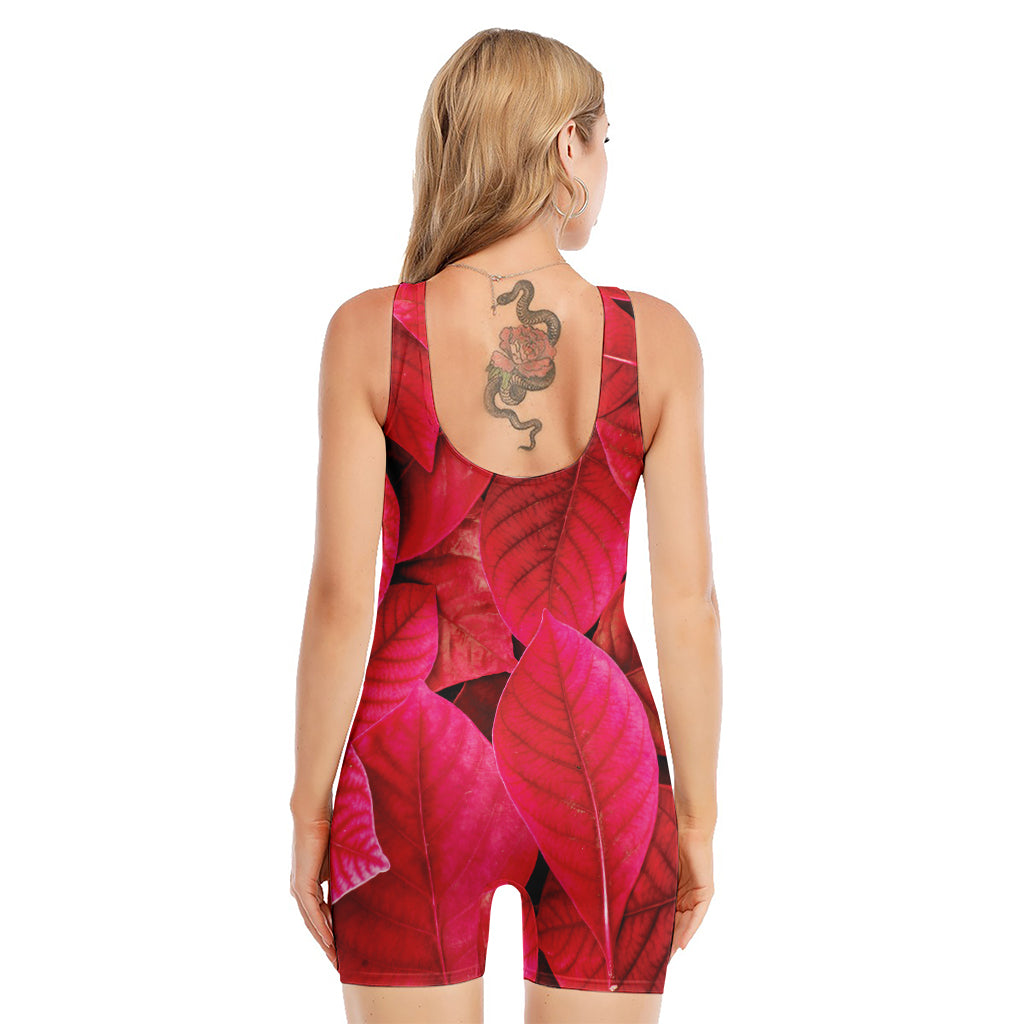 Red Leaf Print Sleeveless One Piece Swimsuit
