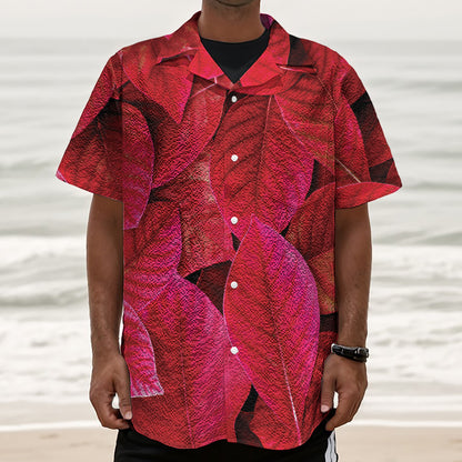 Red Leaf Print Textured Short Sleeve Shirt