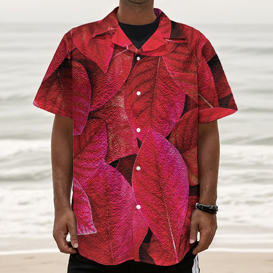 Red Leaf Print Textured Short Sleeve Shirt