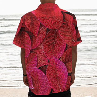 Red Leaf Print Textured Short Sleeve Shirt