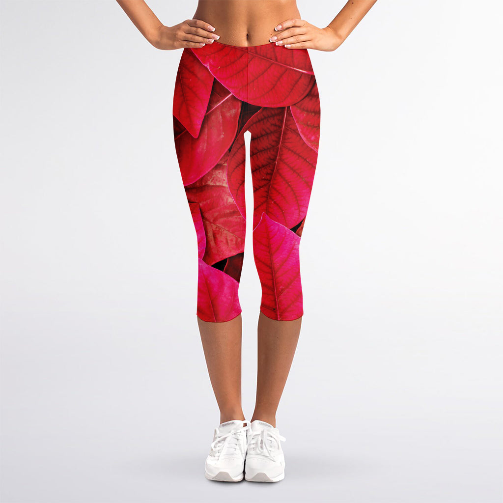 Red Leaf Print Women's Capri Leggings