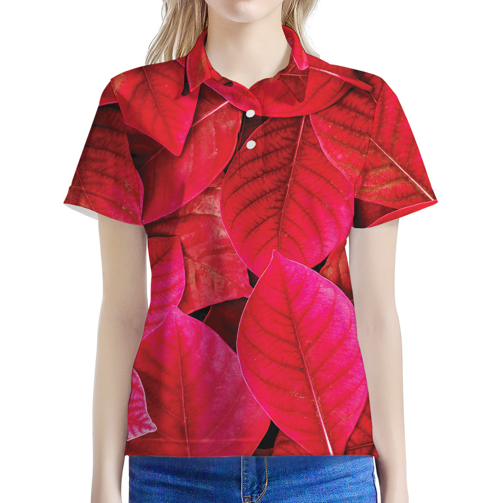 Red Leaf Print Women's Polo Shirt