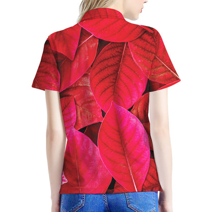 Red Leaf Print Women's Polo Shirt
