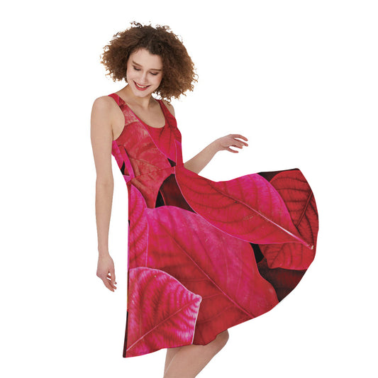Red Leaf Print Women's Sleeveless Dress