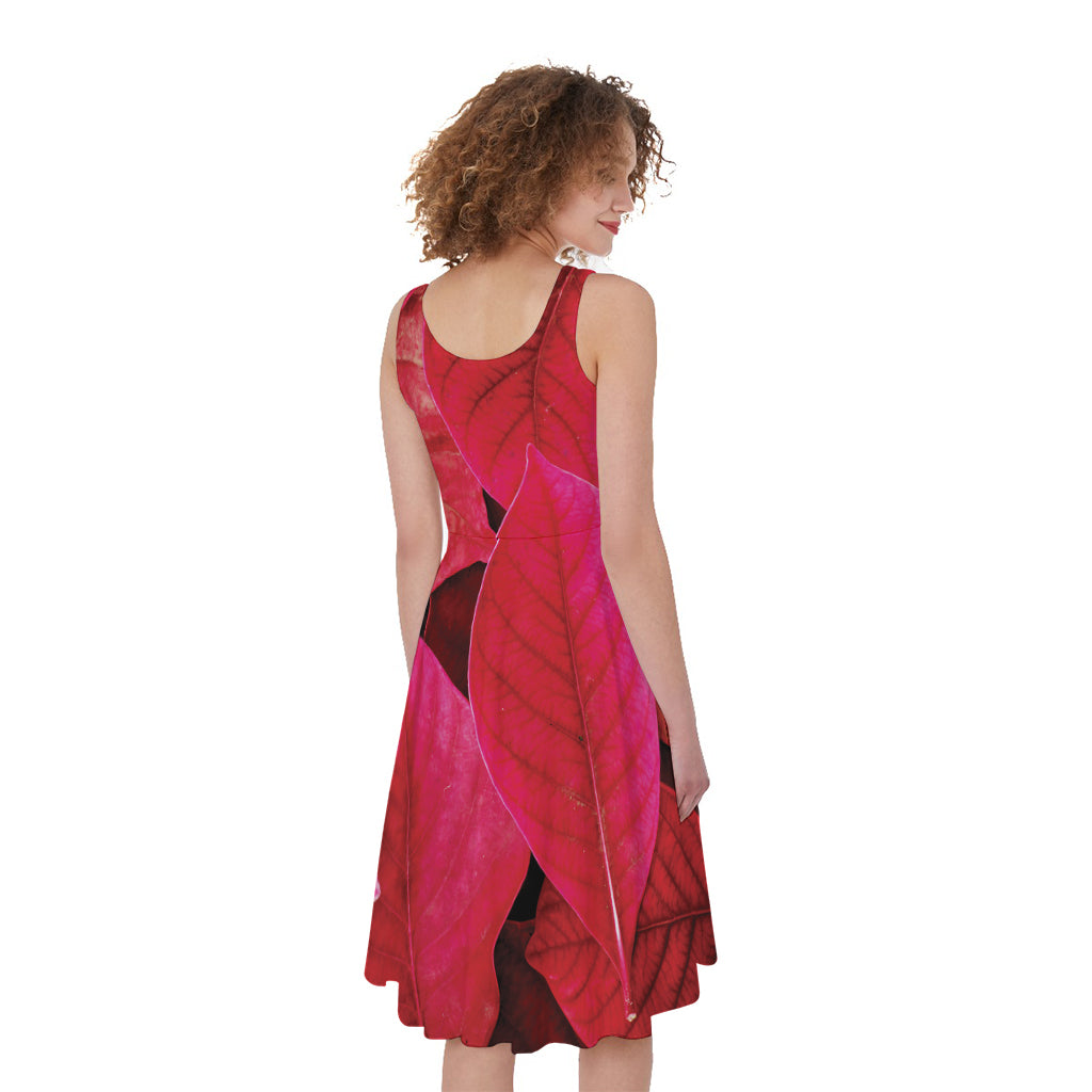 Red Leaf Print Women's Sleeveless Dress