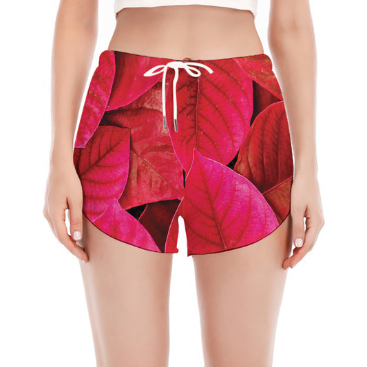 Red Leaf Print Women's Split Running Shorts