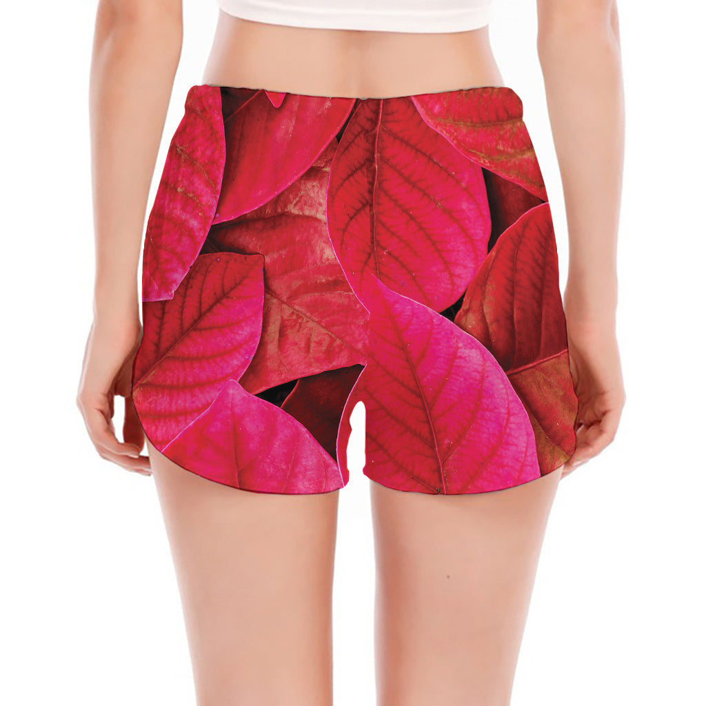 Red Leaf Print Women's Split Running Shorts