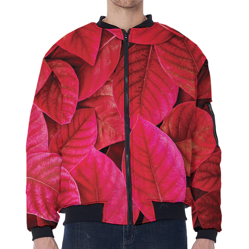 Red Leaf Print Zip Sleeve Bomber Jacket