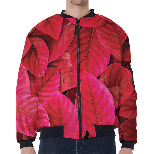 Red Leaf Print Zip Sleeve Bomber Jacket