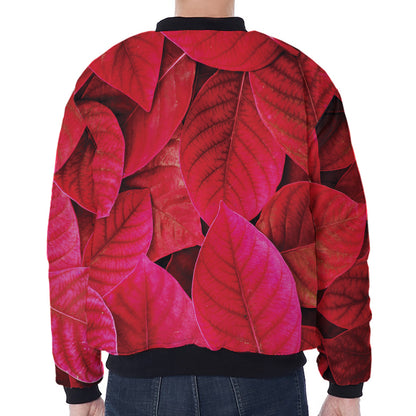 Red Leaf Print Zip Sleeve Bomber Jacket