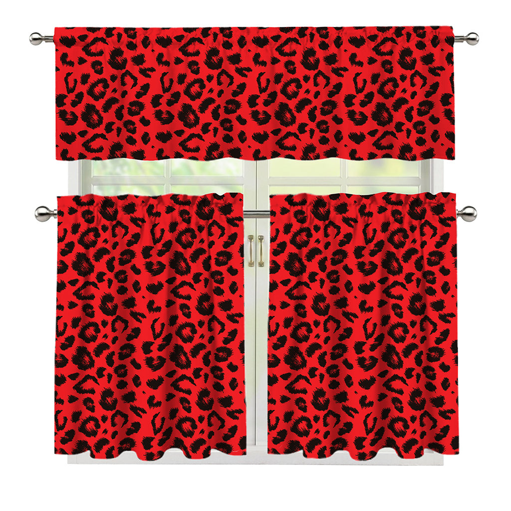 Red Leopard Print 3 Piece Kitchen Curtains