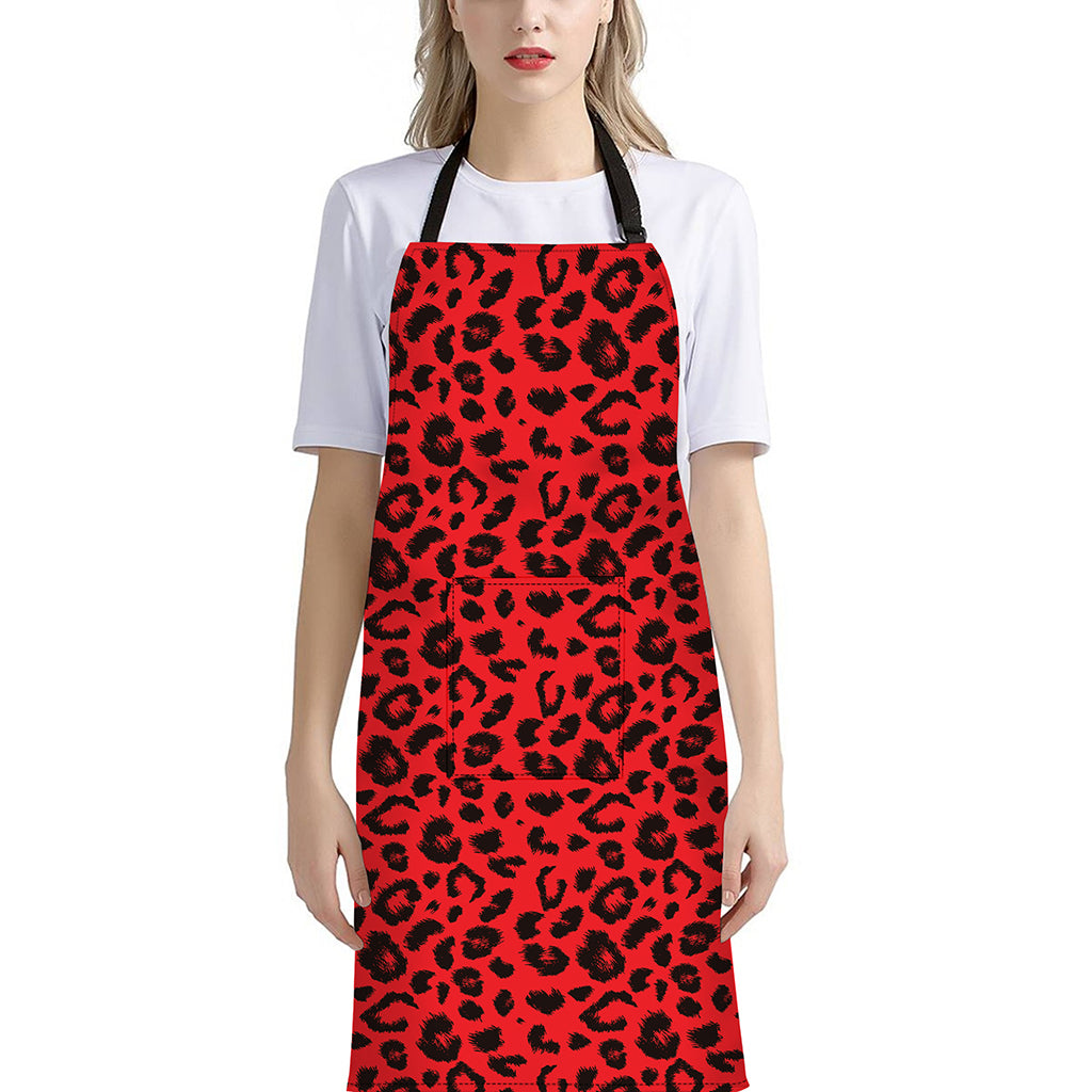 Red Leopard Print Bib Apron With Pocket