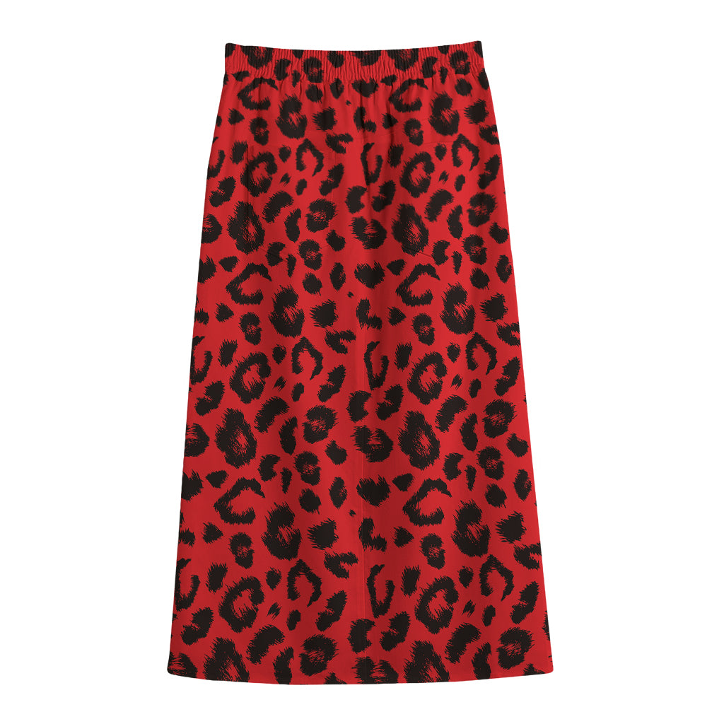 Red Leopard Print Cotton Front Slit Maxi Skirt