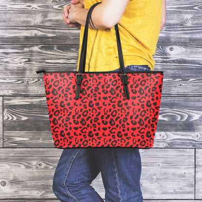 Red Leopard Print Leather Tote Bag