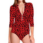 Red Leopard Print Long Sleeve Swimsuit