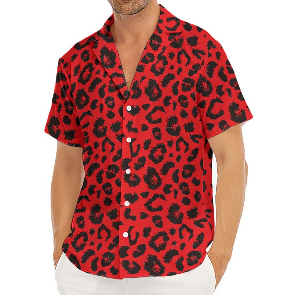 Red Leopard Print Men's Deep V-Neck Shirt