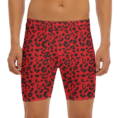 Red Leopard Print Men's Long Boxer Briefs