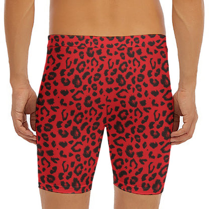 Red Leopard Print Men's Long Boxer Briefs