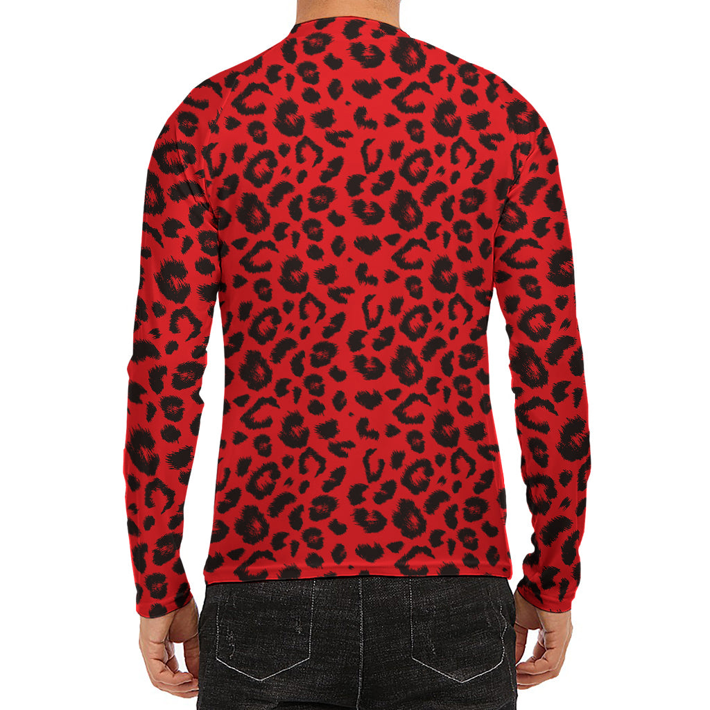 Red Leopard Print Men's Long Sleeve Rash Guard