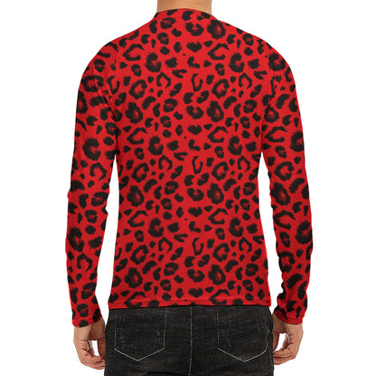 Red Leopard Print Men's Long Sleeve Rash Guard