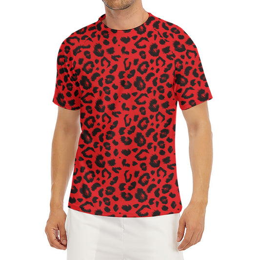 Red Leopard Print Men's Short Sleeve Rash Guard