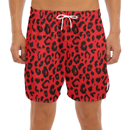 Red Leopard Print Men's Split Running Shorts