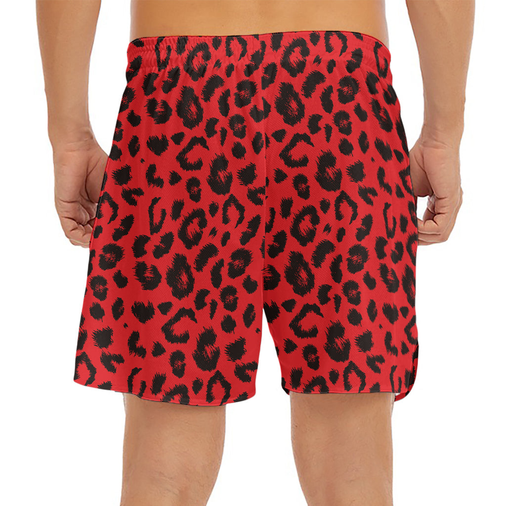 Red Leopard Print Men's Split Running Shorts