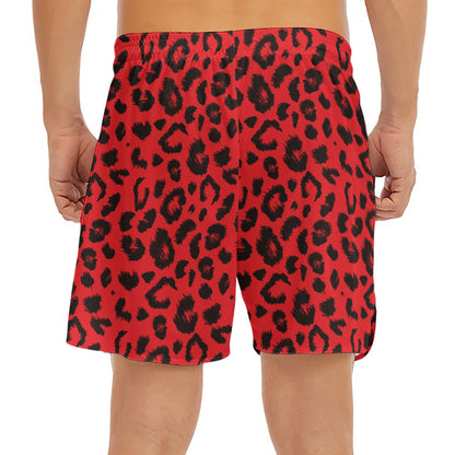 Red Leopard Print Men's Split Running Shorts