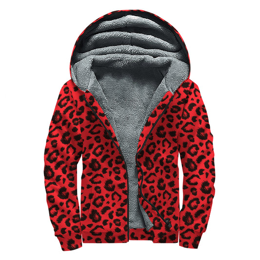 Red Leopard Print Sherpa Lined Zip Up Hoodie