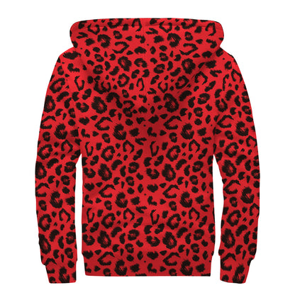 Red Leopard Print Sherpa Lined Zip Up Hoodie