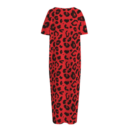 Red Leopard Print Short Sleeve Long Nightdress
