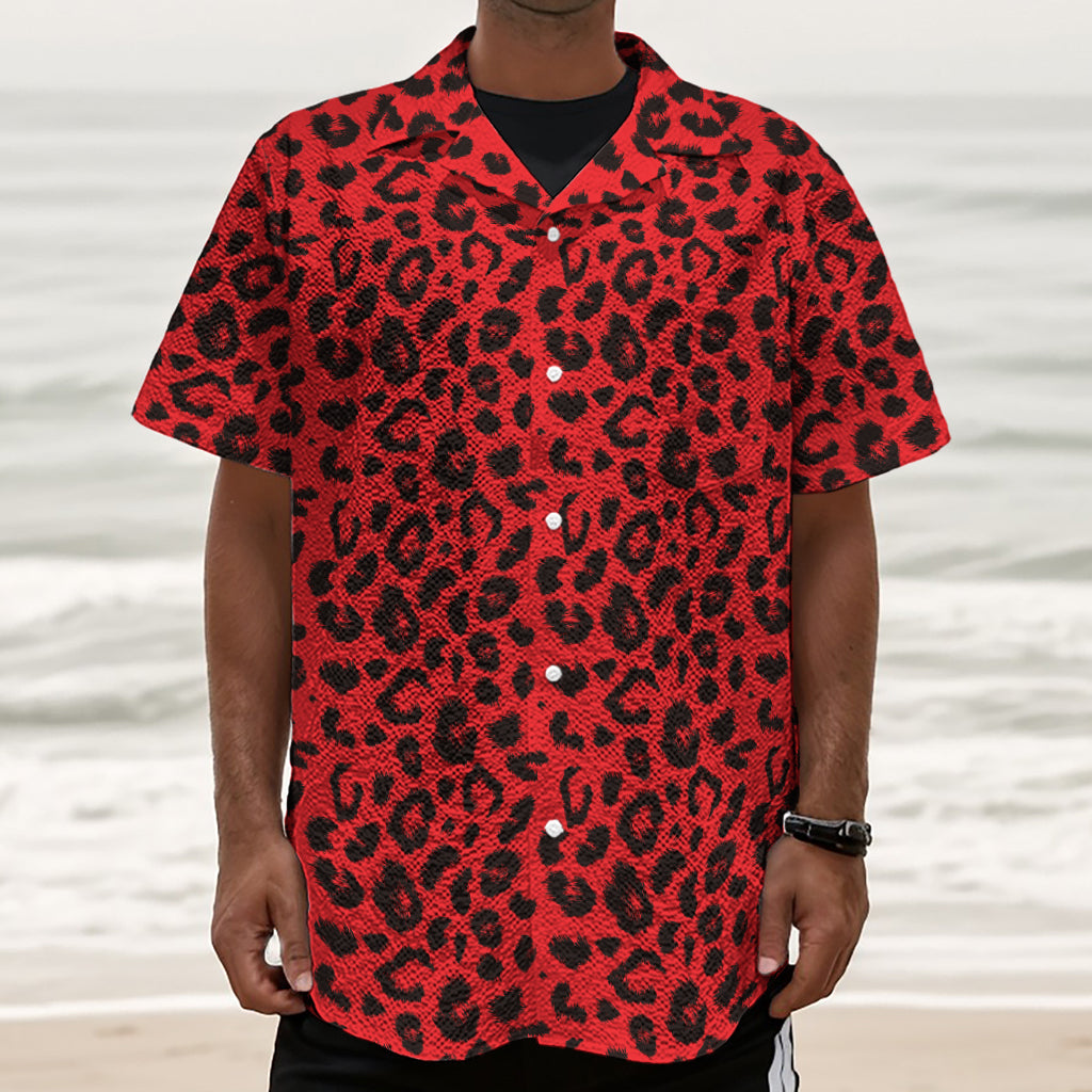 Red Leopard Print Textured Short Sleeve Shirt