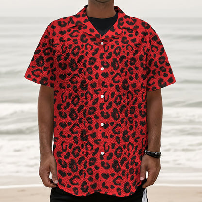 Red Leopard Print Textured Short Sleeve Shirt