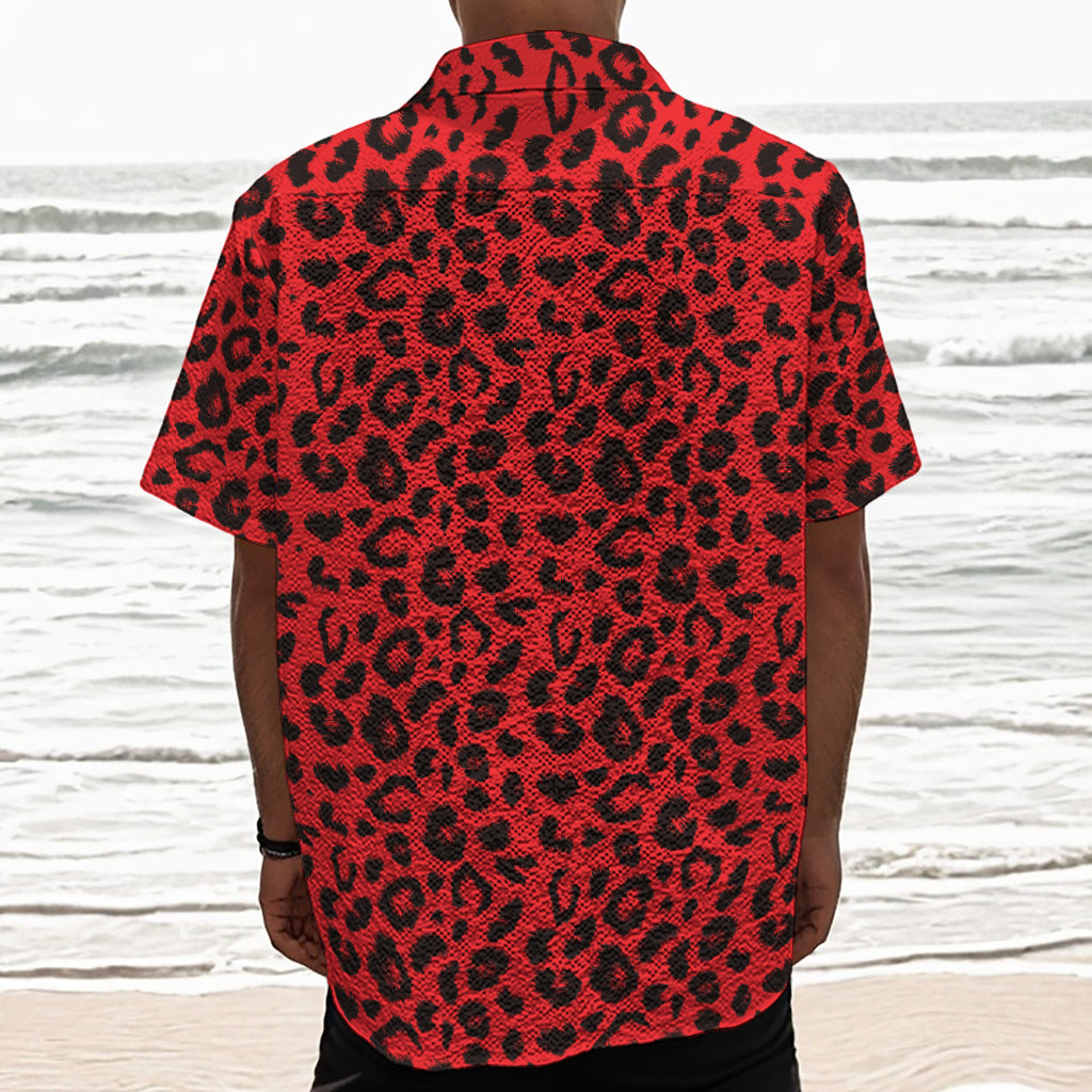 Red Leopard Print Textured Short Sleeve Shirt
