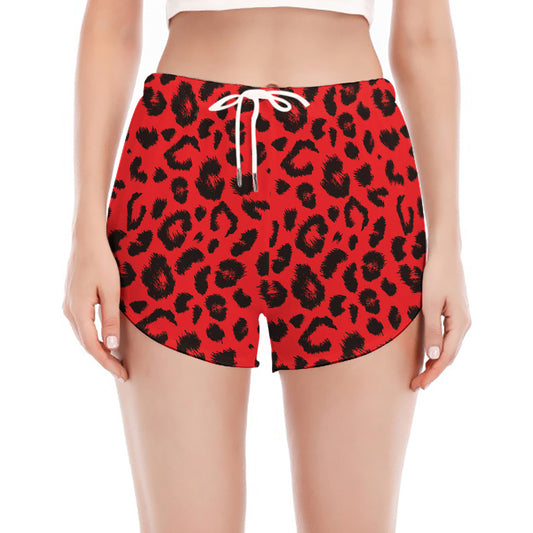 Red Leopard Print Women's Split Running Shorts
