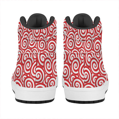 Red Lollipop Candy Pattern Print High Top Leather Sneakers