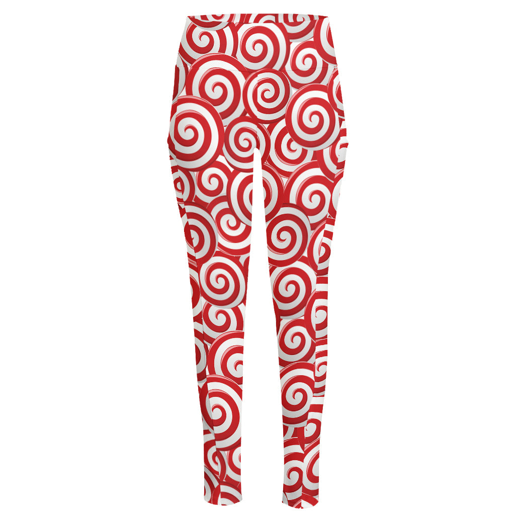 Red Lollipop Candy Pattern Print High-Waisted Pocket Leggings