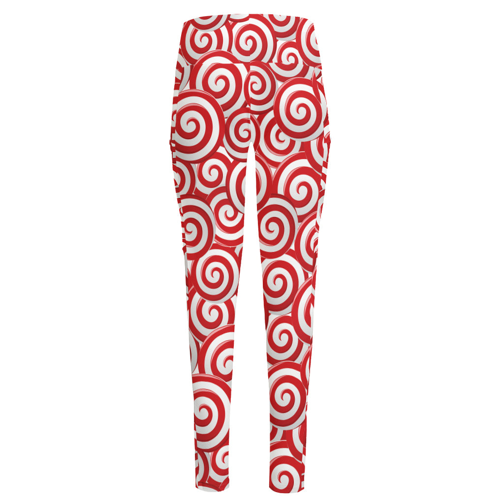 Red Lollipop Candy Pattern Print High-Waisted Pocket Leggings