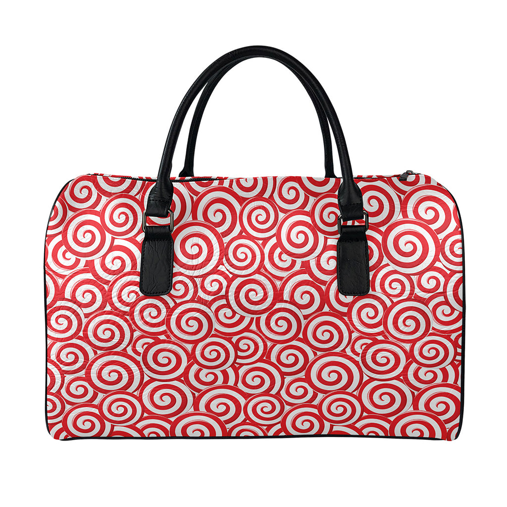 Red Lollipop Candy Pattern Print Leather Duffle Bag
