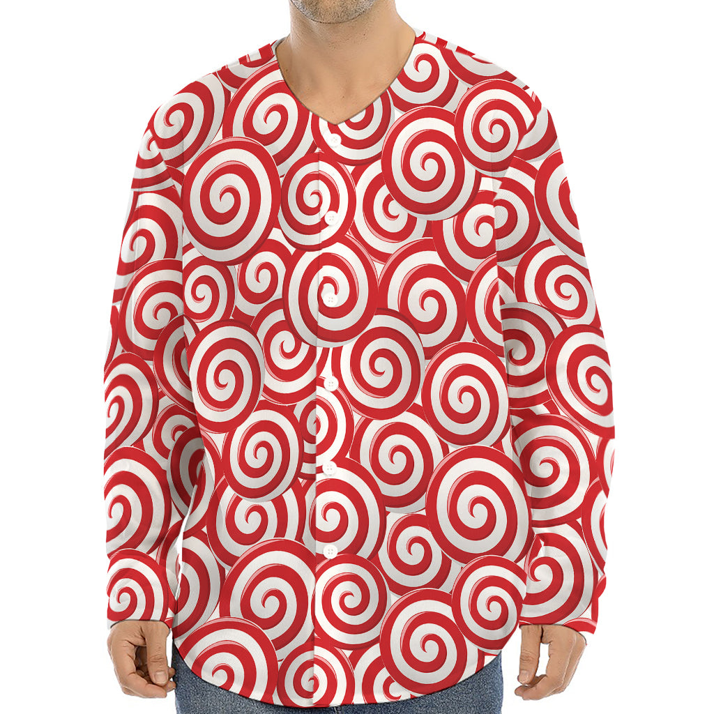 Red Lollipop Candy Pattern Print Long Sleeve Baseball Jersey