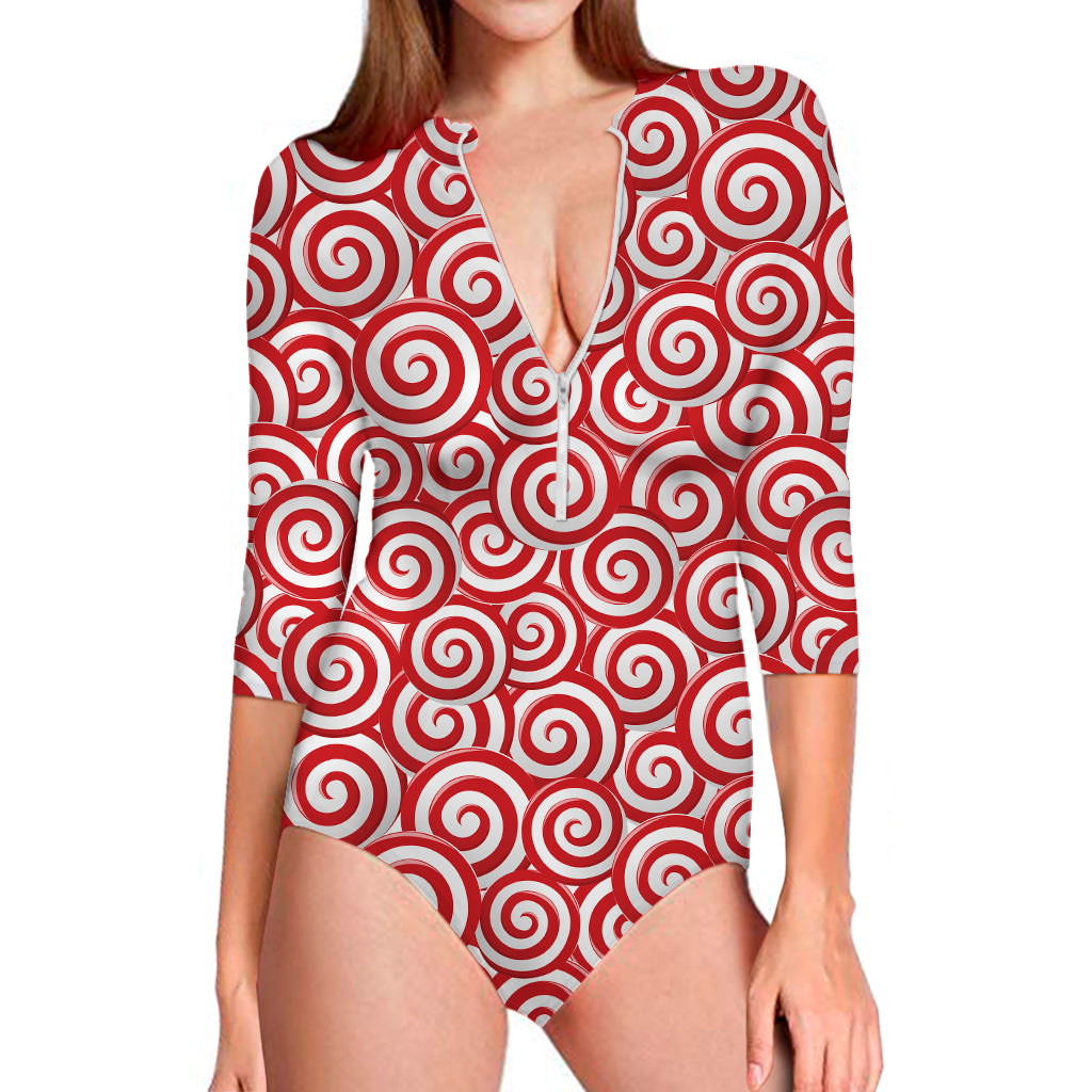 Red Lollipop Candy Pattern Print Long Sleeve Swimsuit