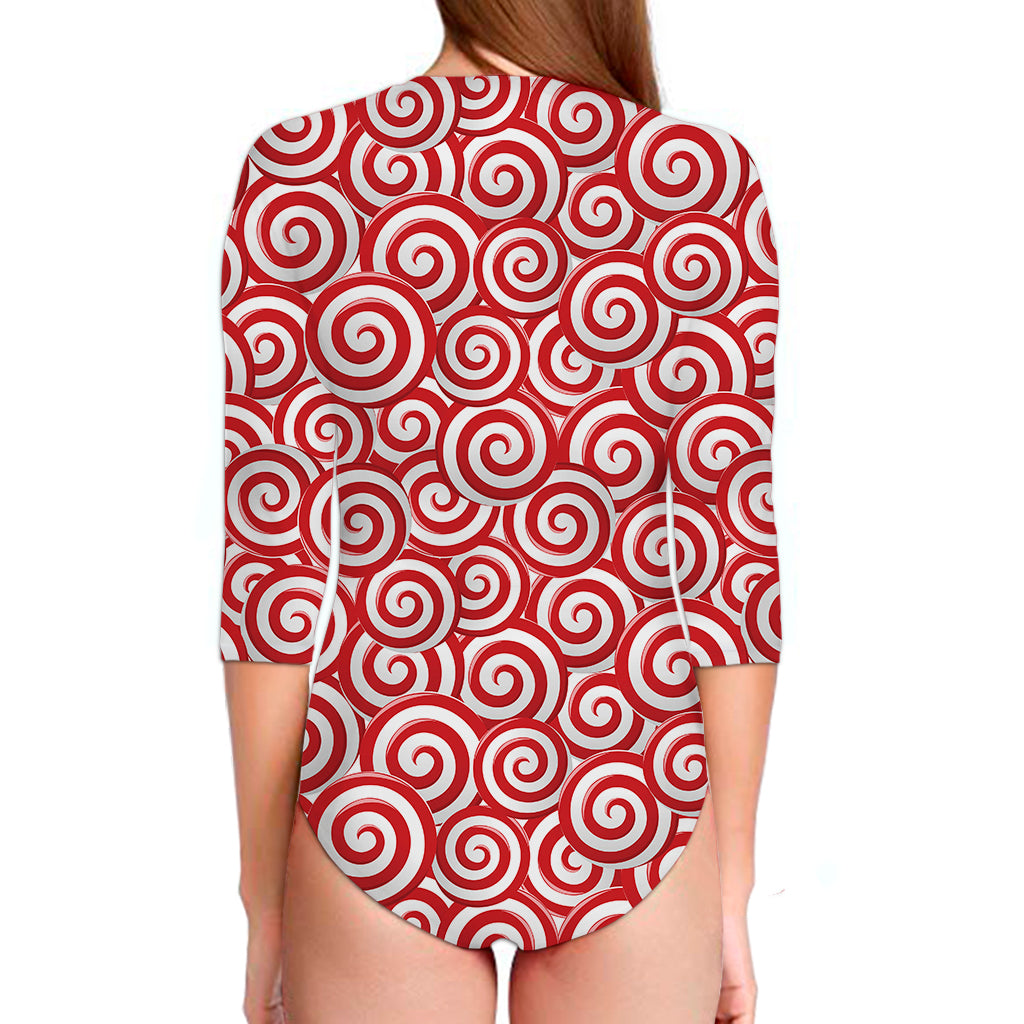 Red Lollipop Candy Pattern Print Long Sleeve Swimsuit