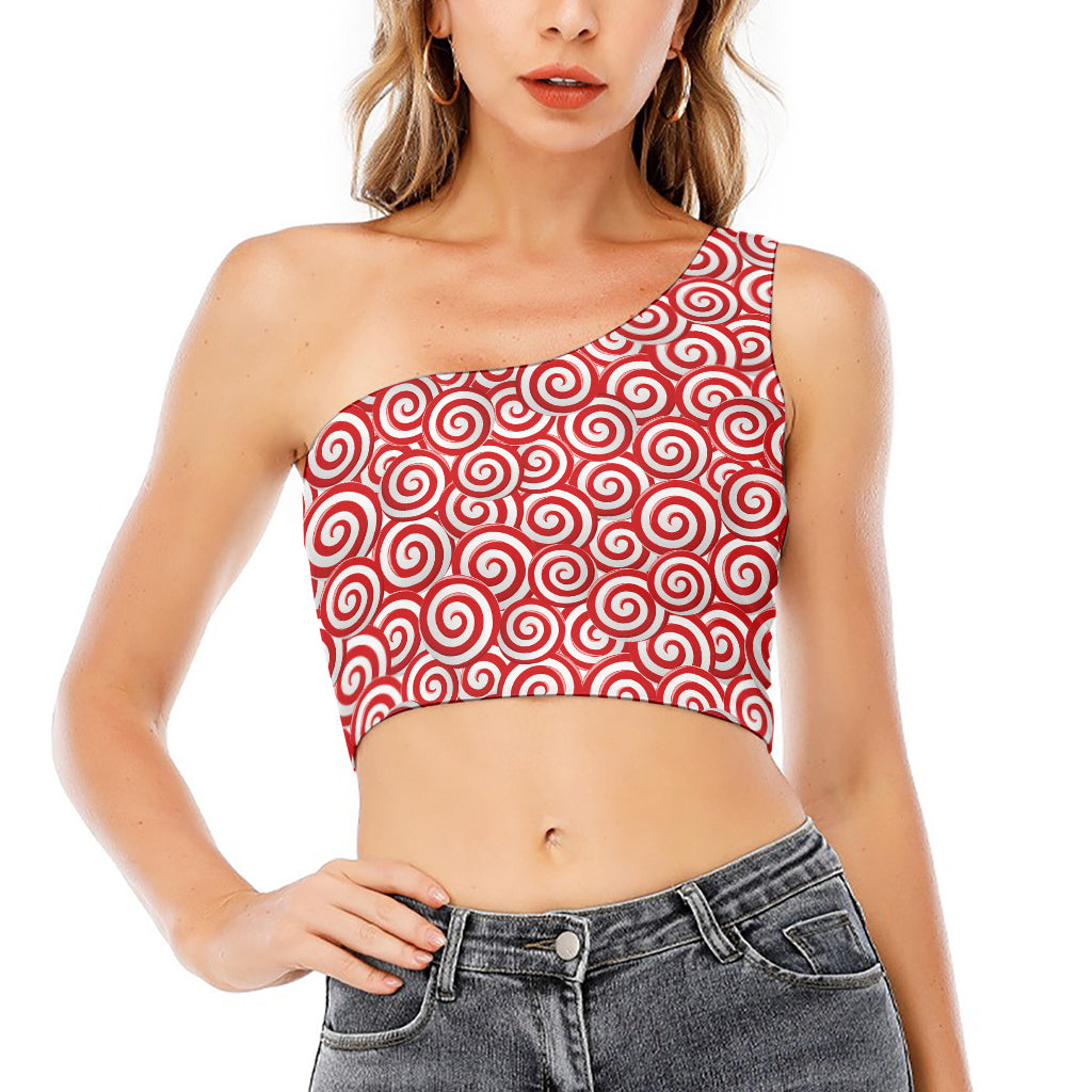 Red Lollipop Candy Pattern Print One Shoulder Crop Top