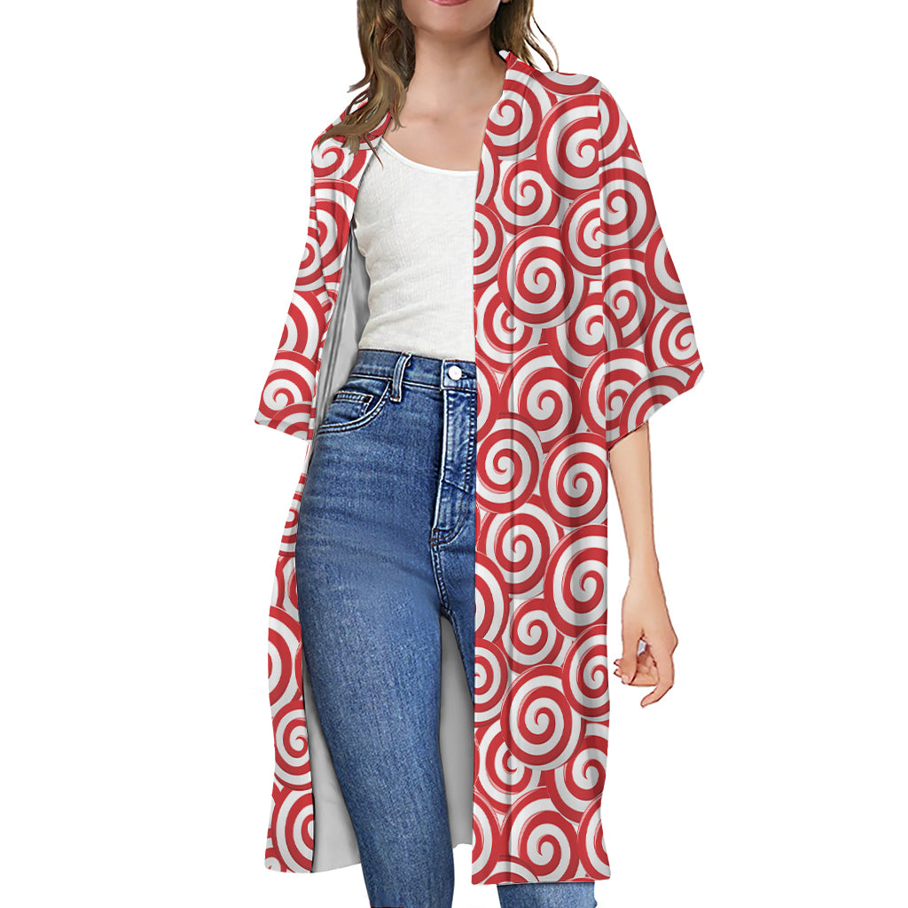 Red Lollipop Candy Pattern Print Open Front Beach Cover Up