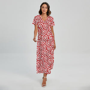 Red Lollipop Candy Pattern Print Short Sleeve Maxi Dress