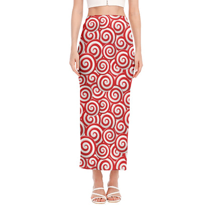 Red Lollipop Candy Pattern Print Side Slit Maxi Skirt