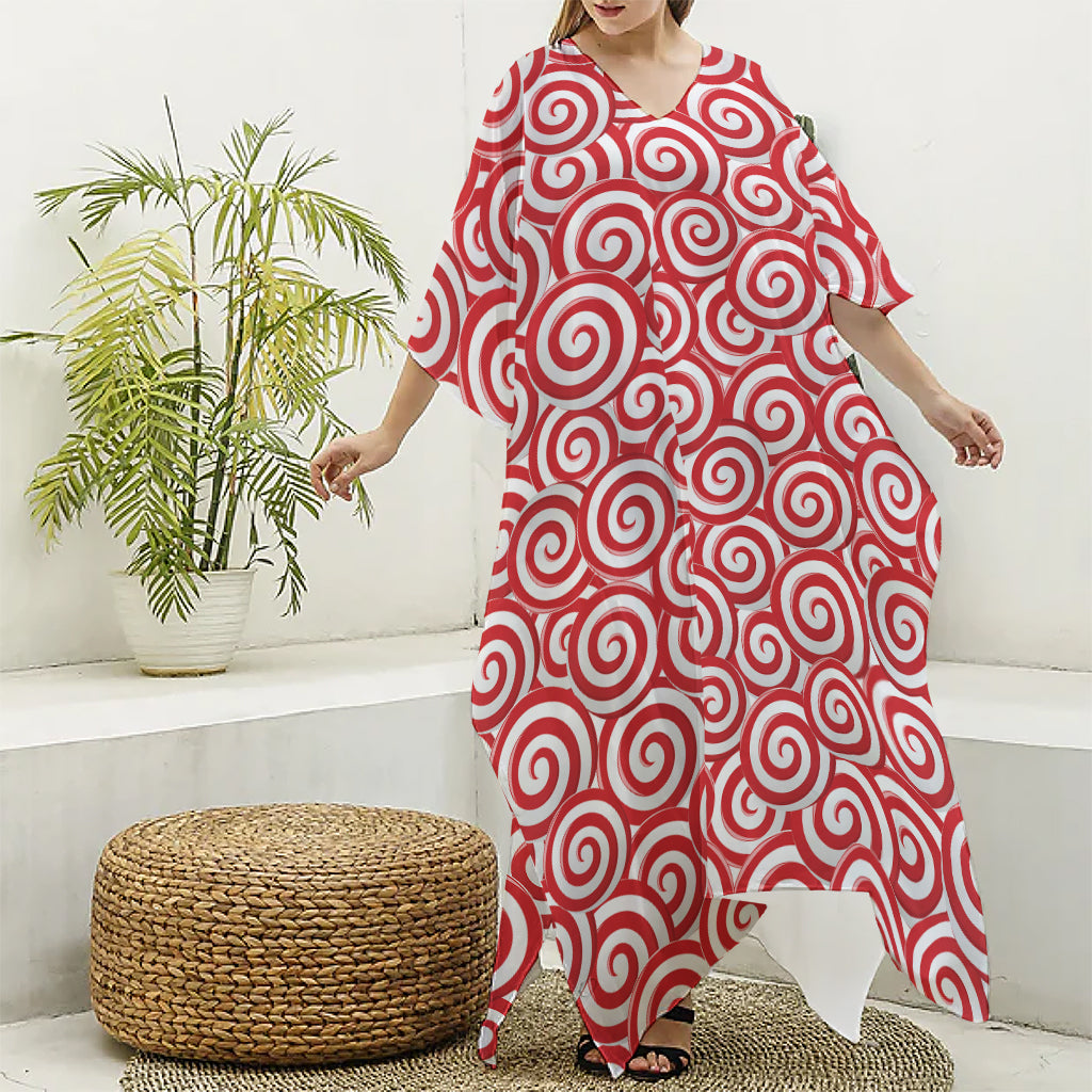 Red Lollipop Candy Pattern Print Silk V-Neck Kaftan Dress